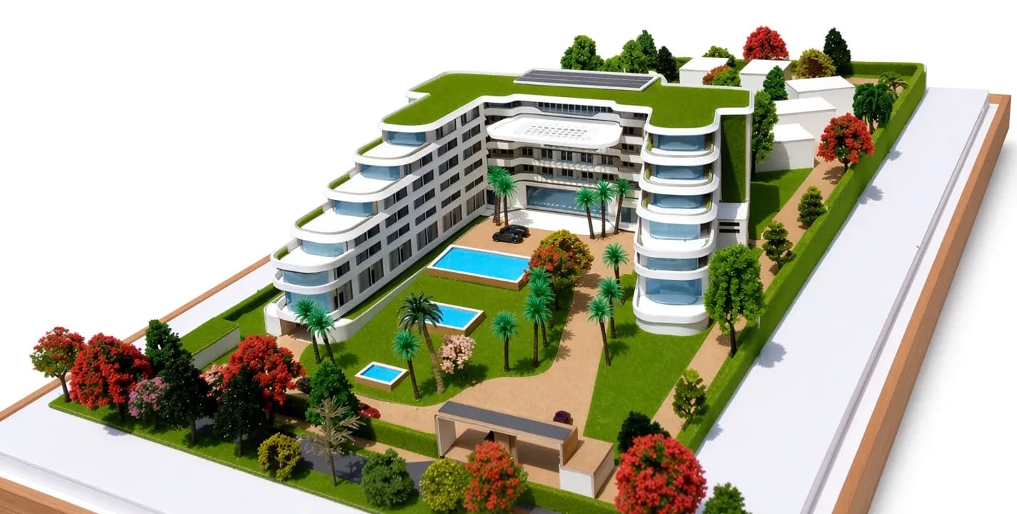Scale model of the Nakuru Hotel, a proposed hotel with pool reflections and lush landscaping